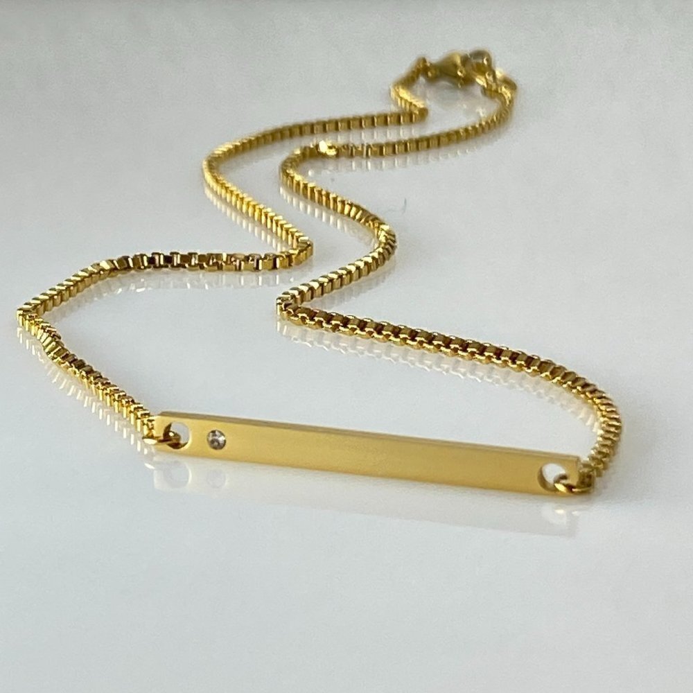Cubic Zirconia Bar Necklace Stainless Steel Box Chain